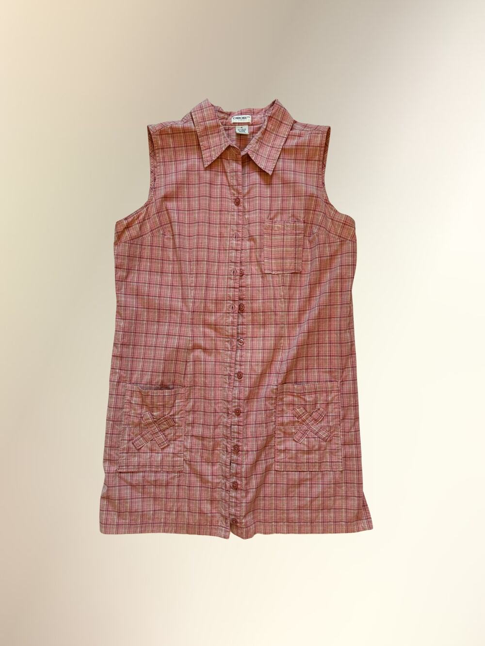 Vintage Cherokee Pink Plaid Sleeveless Button Down Shirt Dress Women's XL